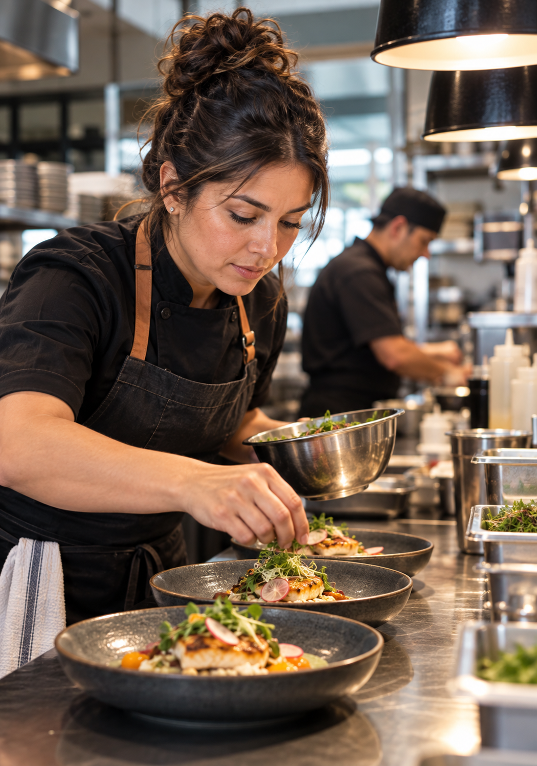 Chef plating dishes during service