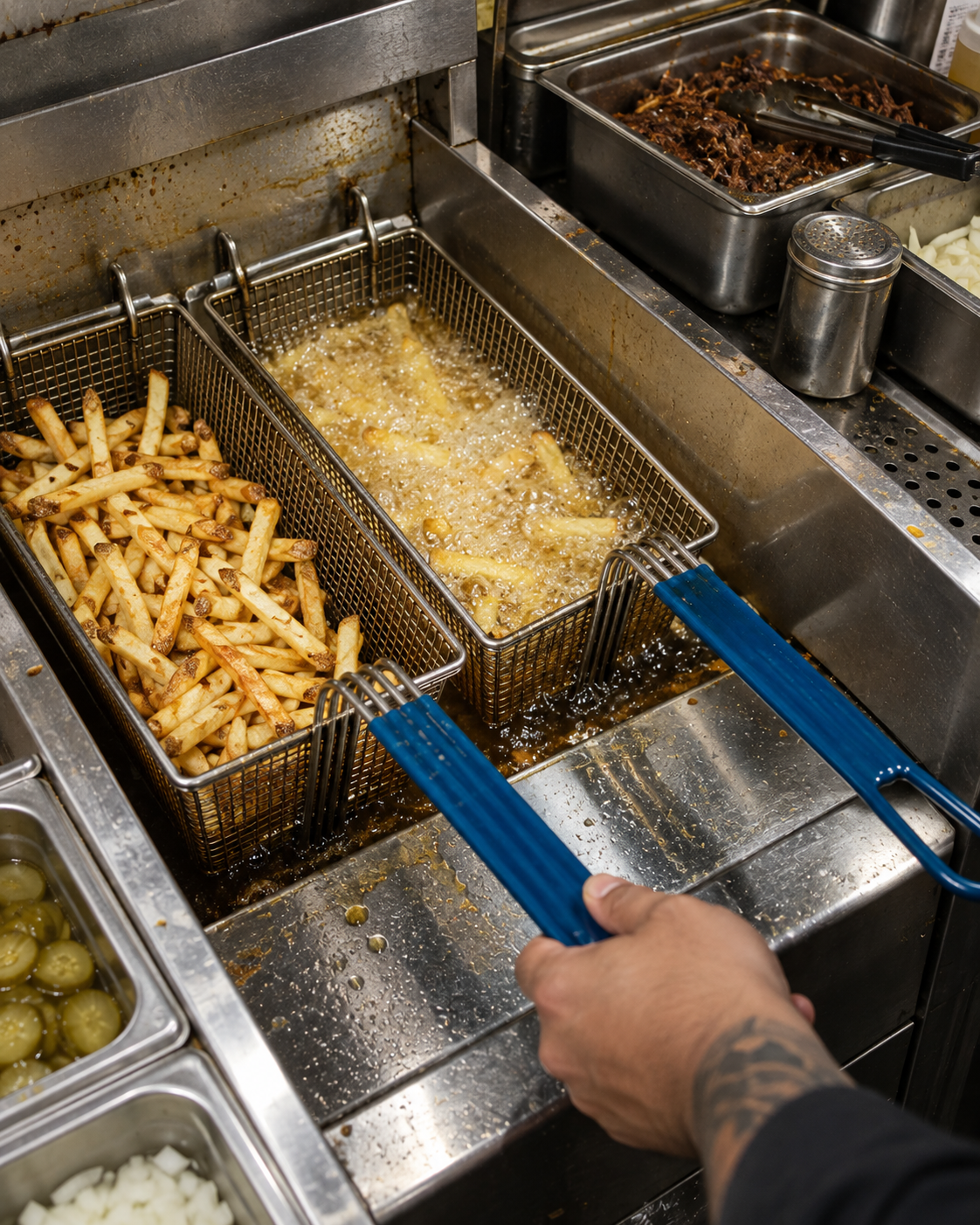 Fries coming out of the fryer