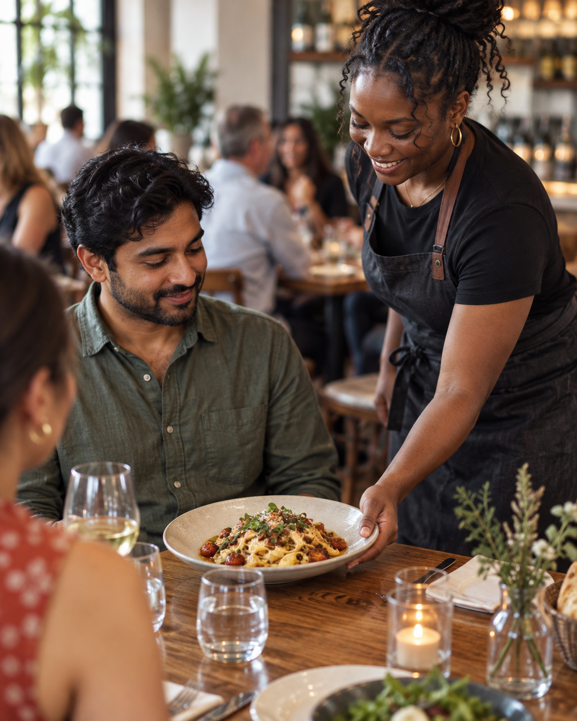 A server bringing dishes to a table